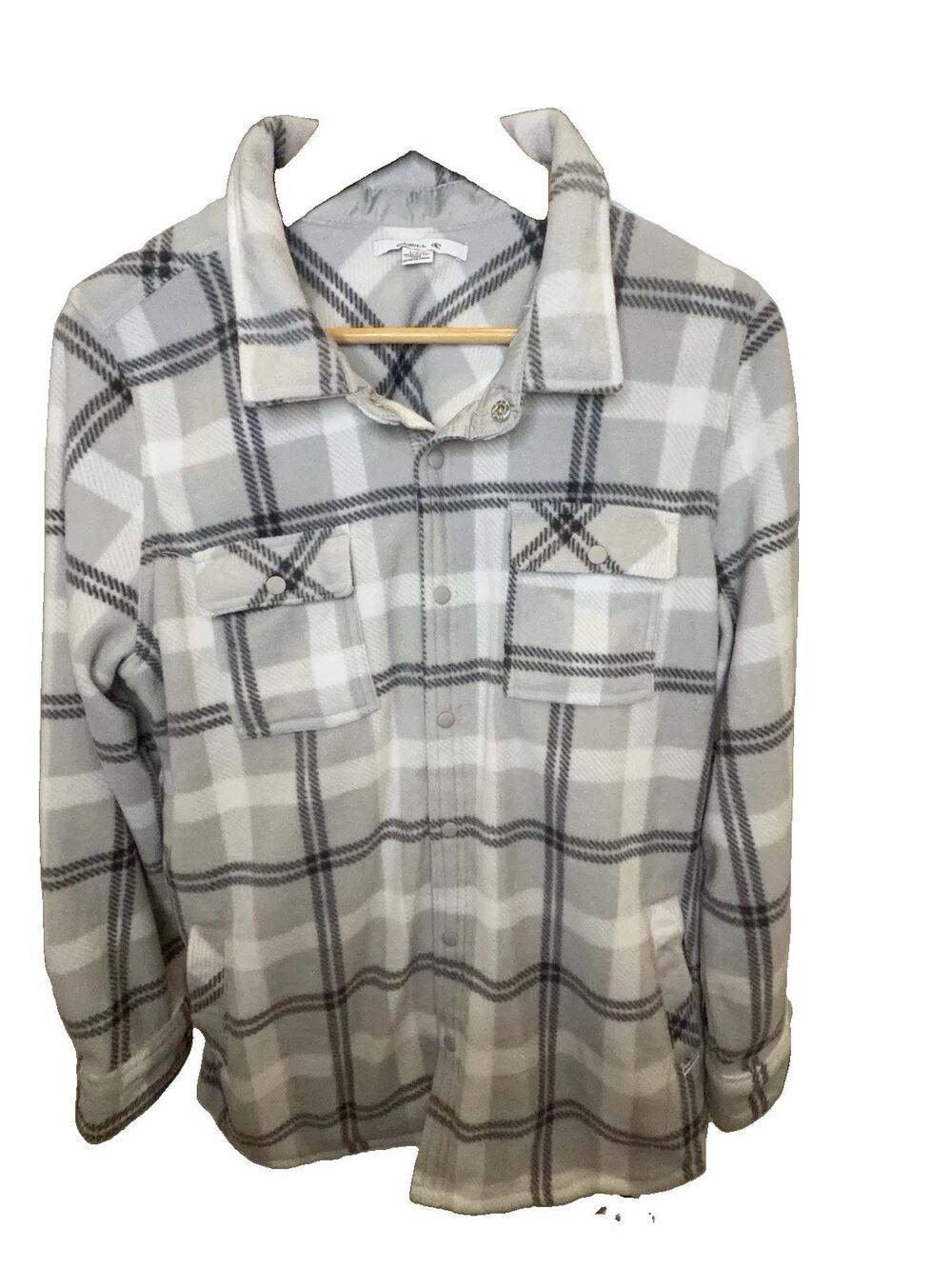 O’Neill Men’s Large Plaid Fleece Shirt Jacket Shacket Gray White Snap Front